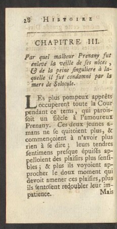 Chapitre III. Par quel malheur Prenany fut enlevé la veille de ses noces, & de la peine singuliere à laquelle il fut condamné par la Mere de Solocule.