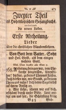Zweyter Theil: Erste Abtheilung, Lieder über die christlichen Glaubenslehren.