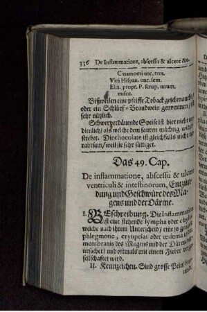Das 49. Cap. De inflammatione, abscessu & ulcere ventriculi & intestinorum, Entzündung und Geschwüre des Magens und der Därme.