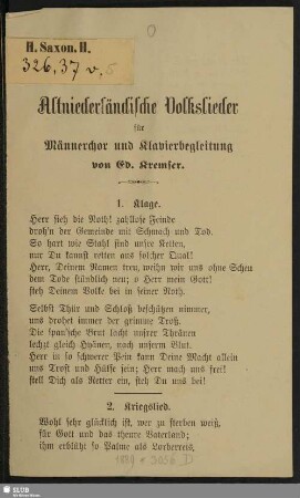Altniederländische Volkslieder : für Männerchor und Klavierbegleitung