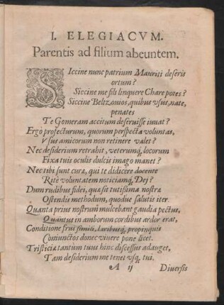 I. Elegiacum. Parentis ad filium abeuntem.