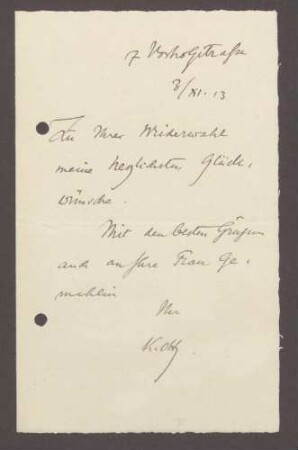 Glückwunschkarte von K. Ott, Karlsruhe, an Hermann Hummel, 1 Schreiben