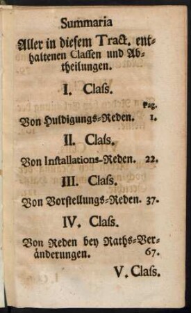 Summaria Aller in diesem Tract. enthaltenen Classen und Abtheilungen.