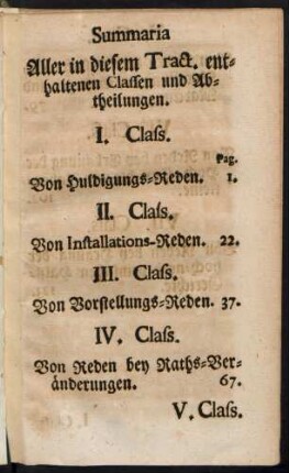 Summaria Aller in diesem Tract. enthaltenen Classen und Abtheilungen.