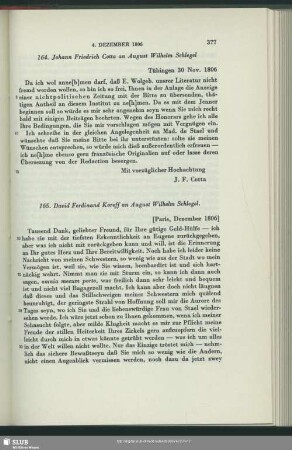 Johann Friedrich von Cotta an August Wilhelm von Schlegel, Tübingen, 30.11.1806