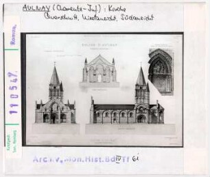 Aulnay, St. Pierre: Querschnitt, Westansicht, Südansicht