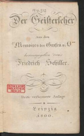 Der Geisterseher : Aus den Memoires des Grafen v: O***