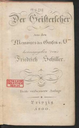 Der Geisterseher : Aus den Memoires des Grafen v: O***