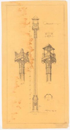 Straßenlaterne: Ansicht, 2 perspektivische Ansichten, Grundriss, 1:50