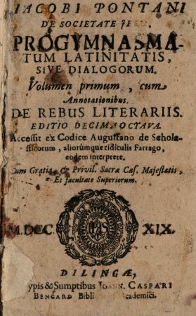 Progymnasmatum latinitatis sive dialogorum volumen .... 1. (1719)