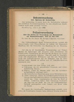 Polizeiverordnung über das Verbot der Verwendung von Motorenkraft auf Wasserfahrzeugen. Vom 23. Juli 1940