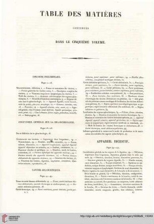 Table des matières contenues dans le cinquième volume