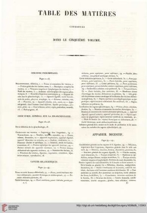 Table des matières contenues dans le cinquième volume