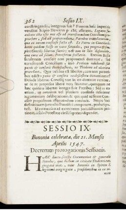Sessio IX. Bononiæ celebrata, die 21. Mensis Aprilis 1547.