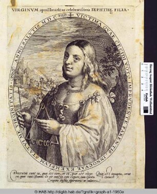 Jephthas Tochter, ein Triangel haltend.