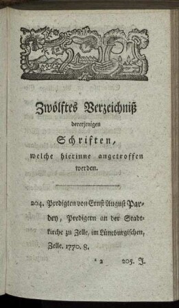 Zwölftes Verzeichniß dererjenigen Schriften, welche hierinne angetroffen werden