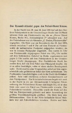 Das Dynamit-Attentat gegen den Polizei-Oberst Krause