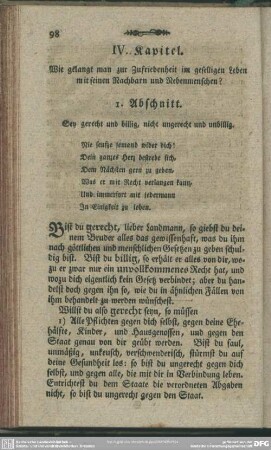 IV. Kapitel. Wie gelangt man zur Zufriedenheit im geselligen Leben mit seinen Nachbarn und Nebenmenschen?