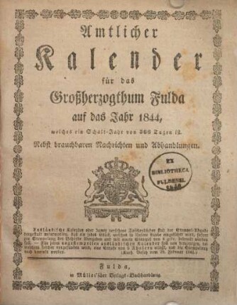 1844: Amtlicher Kalender für das Großherzogthum Fulda