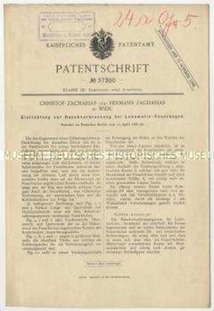 Patentschrift einer Einrichtung zur Rauchverbrennung bei Lokomotiv-Feuerungen, Patent-Nr. 37300