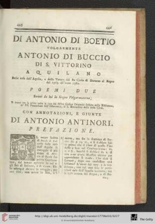 Di Antonio di Boetio, volgarmente Antonio di Buccio di S. Vittorino, Aquilano [...] Poemi due