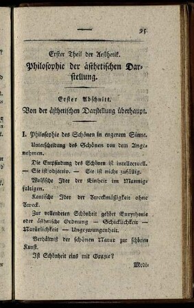 Erster Theil der Aesthetik. Philosophie der ästhetischen Darstellung.