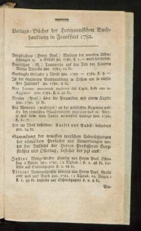 Verlags-Bücher der hermannischen Buchhandlung in Frankfurt 1782
