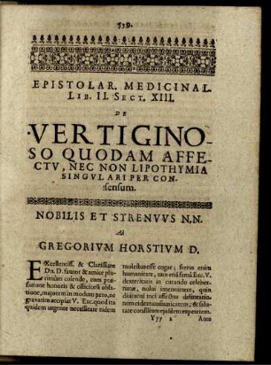 Epistolar. Medicinal. Lib. II. Sect. XIII. De Vertiginoso Quodam Affectu, Nec Non Lipothymia Singulari Per Consensum