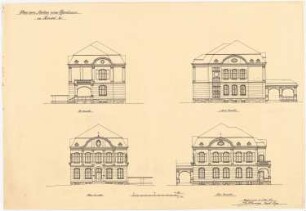 Pfarrhaus (und Entwurf für eine Kirche), Bochum-Hordel: Ansichten von allen Seiten des Pfarrhauses 1:100