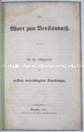 Kritische Schrift über den von Friedrich Wilhelm IV. einberufenen ersten preußischen Vereinigten Landtag, die Vertretung aller preußischen Provinzialstände