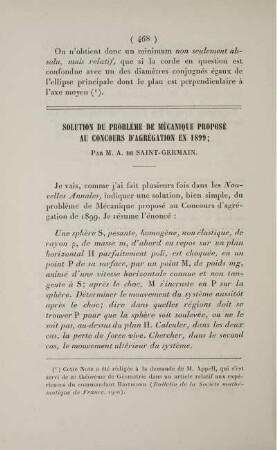 Solution du problème de Mécanique proposé au concours d'Agrégation en 1899.
