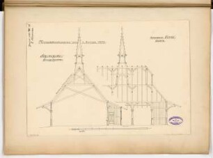 Schutzhalle mit Milchausschank im Berliner Tiergarten Monatskonkurrenz Januar 1892: Längsschnitt (Ausschnitt), Querschnitt; Maßstabsleiste