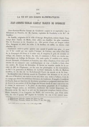 Sur la vie et les écrits mathématiques de Jean-Antoine-Nicolas Caritat Marquis de Condorcet.