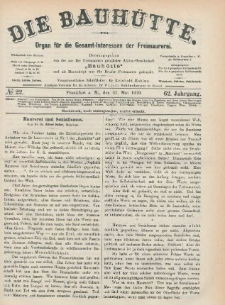No 22. Frankfurt a. M., den 31. Mai 1919. 62. Jahrgang.