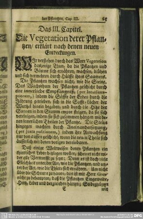 Das III. Capitel. Die Vegetation derer Pflantzen, erklärt nach denen neuen Entdeckungen