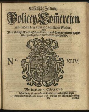 Nro. XLIV, Montags, den 30. Octobr. 1741