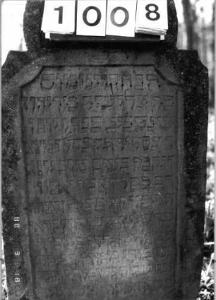 Grabstein 1008 (Index: 99902677) Material: Sandstein Maße HxBxT: 124x62x11 cm Besonderheit: kulturhistorisch wertvoll / künstl.-formale Gründe: Grabstein 1008 (Detailaufnahme)