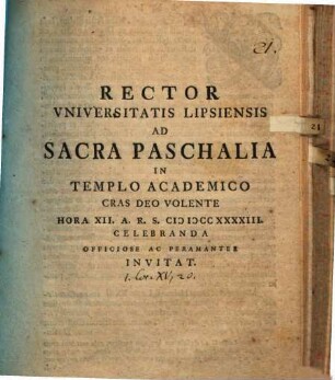 Rector Universitatis Lipsiensis ad sacra paschalia ... celebranda ... invitat : [inest commentatio ad 1 Cor. XV, 20]