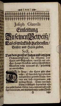 Joseph Glanvils Einleitung Zu seinen Beweisz / Das es würcklich Gespenster / Geister und Hexen giebet.