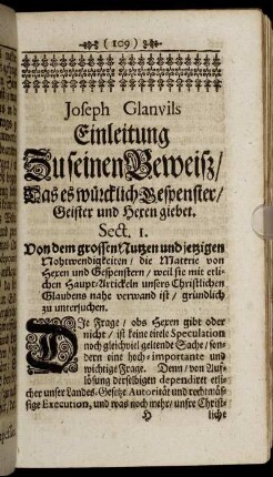 Joseph Glanvils Einleitung Zu seinen Beweisz / Das es würcklich Gespenster / Geister und Hexen giebet.