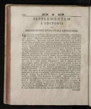 Supplementum I. Editoris De Successione Episcopali Anglicana.