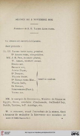 Séance du 3 novembre 1893: présidence de S. E. Yacoub Artin Pacha