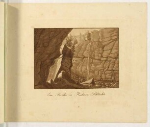 Felsen und Wasserfall in den Richterschlüchten nördlich des Prebischtores in der Sächsischen Schweiz, Blatt 4 aus dem Heft "Ansichten von Gegenden der sächsischen Schweitz"