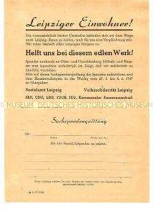Aufruf der Volkssolidarität und des Sozialamtes Leipzig zu Sachspenden für Umsiedler