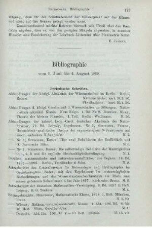 Bibliographie vom 9. Juni bis 4. August 1898.