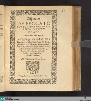 Disputatio de peccato seu blasphemia in spiritum sanctum