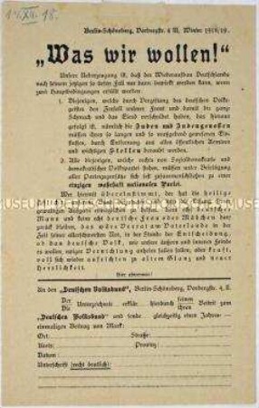 Programmatisches Flugblatt des Deutschen Volksbundes mit Mitgliederwerbung