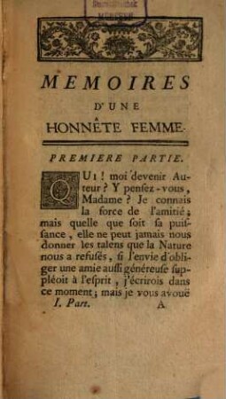 Memoires D'Une Honnête Femme, 1