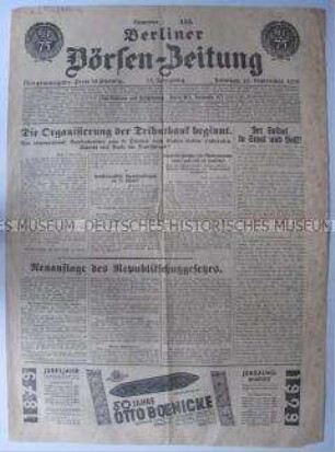 Tageszeitung "Berliner Börsen-Zeitung" u.a. über das neue "Republikschutzgesetz"