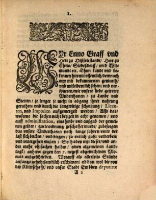 Des Hochwohlgeborenen Ennen Graffen zu Oistfrieslandt ... Landtags-Abscheidt : publicirt in ... Norden 4. Nov. 1618